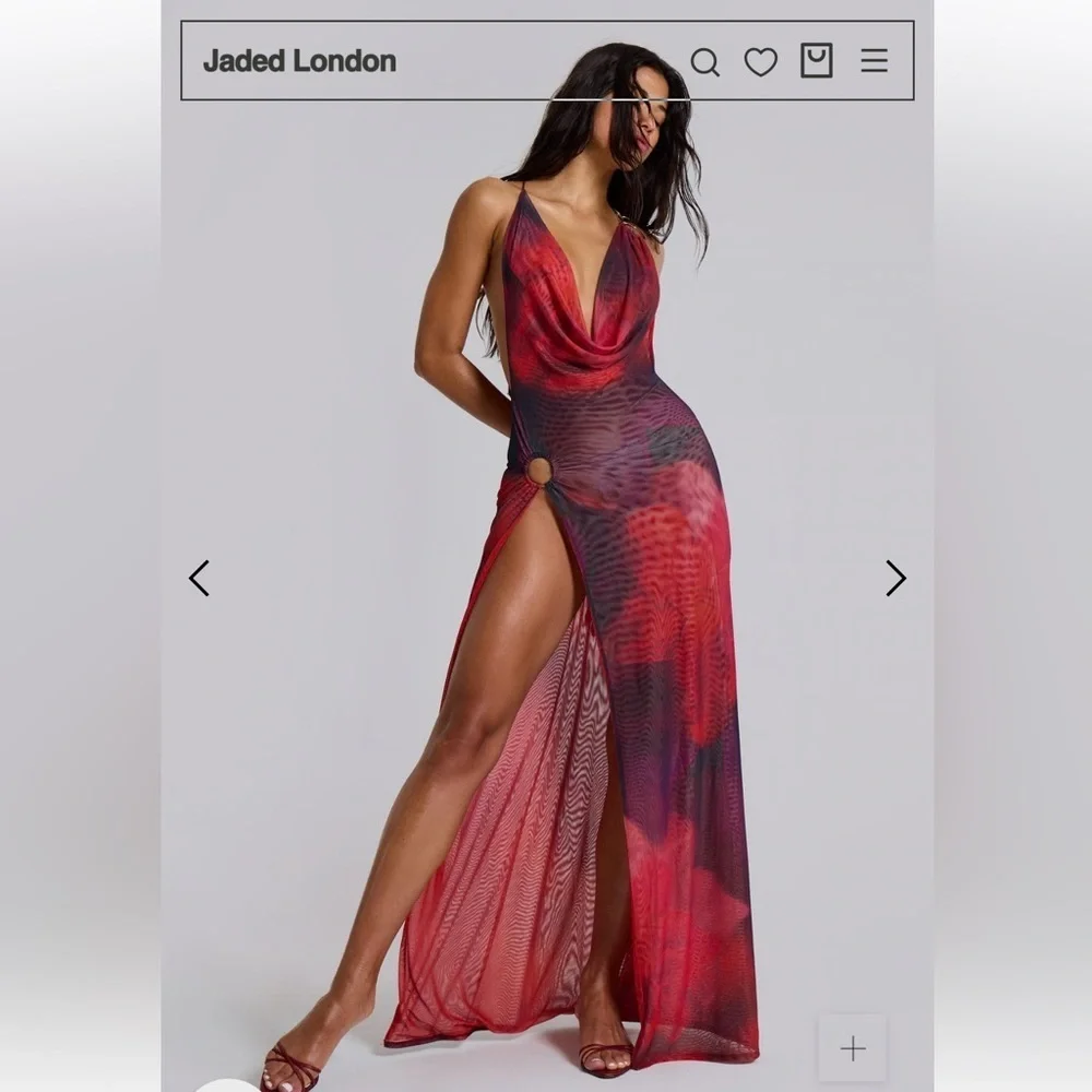 Jaded London Vixen Red Maxi Dress micro mesh print cut out Revolve NWT 2